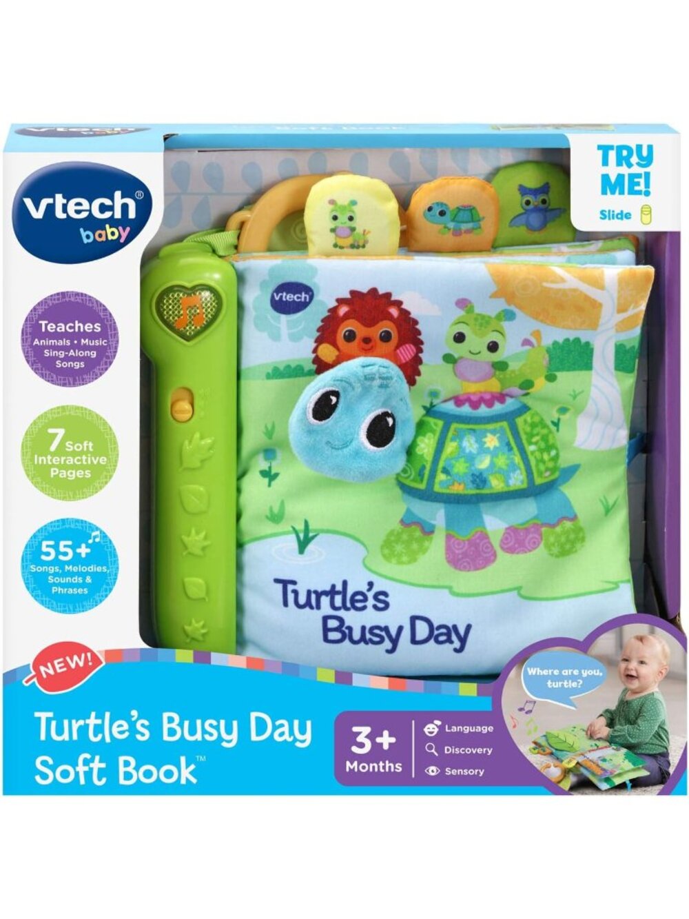 VTech Turtle's Busy Day Soft Fabric Book w/Teether/Crinkle & Music New in Box